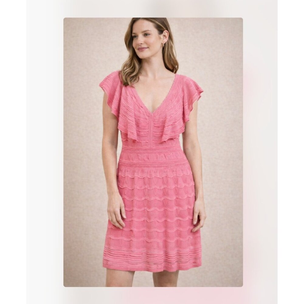 Missoni Dress Womens 40 Pink Knit Ruffle Flutter Sleeve Fit Flare Knee Length